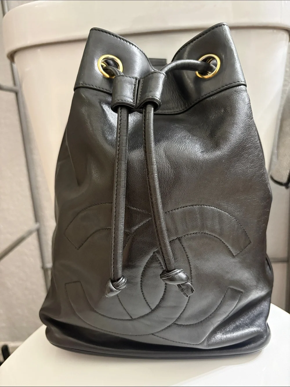 CHANEL | Bags | Chanel Black Leather Drawstring Bucket Bag  display picture 3